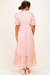 Light Pink Floral Lace V-Neck Maternity Maxi Dress