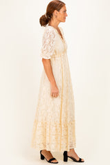 Ivory Floral Lace V-Neck Maxi Dress