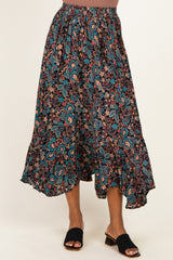 Black Floral Ruffle Hem Maxi Skirt