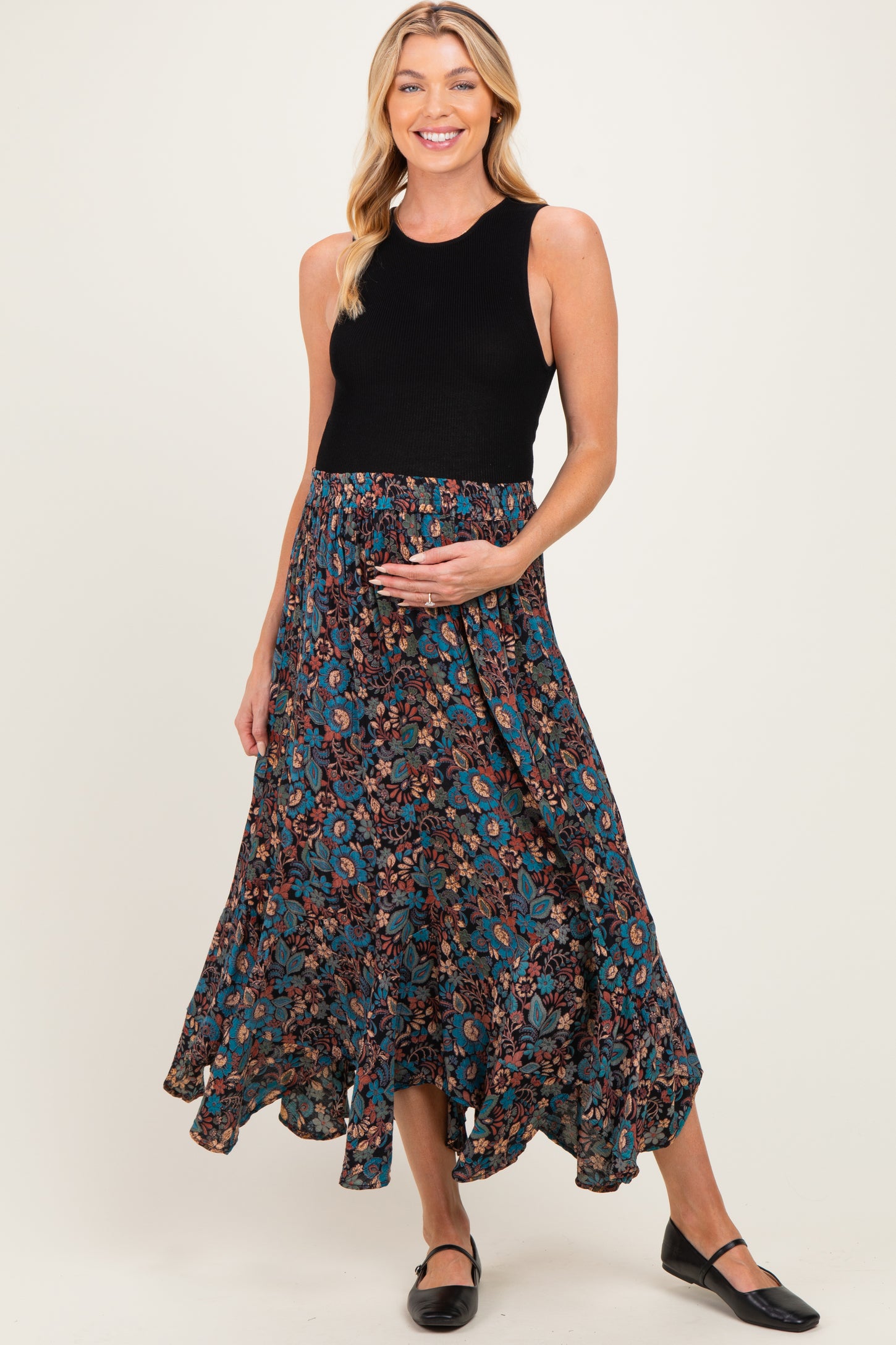 Black Floral Ruffle Hem Maternity Maxi Skirt