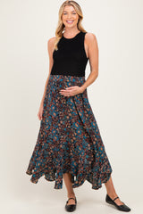 Black Floral Ruffle Hem Maternity Maxi Skirt
