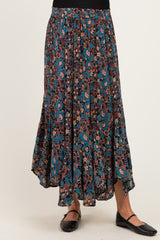 Black Floral Ruffle Hem Maternity Maxi Skirt