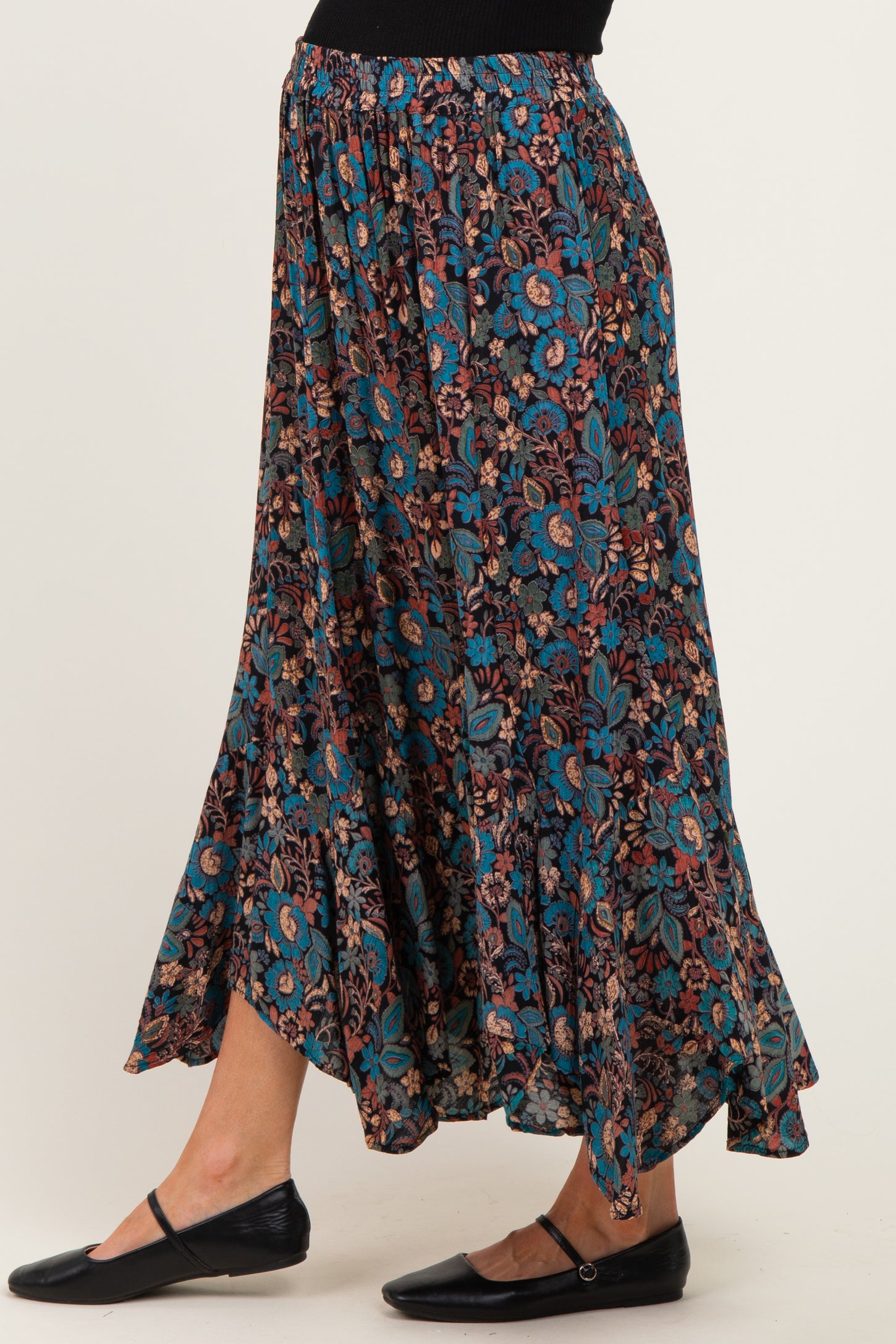 Black Floral Ruffle Hem Maternity Maxi Skirt