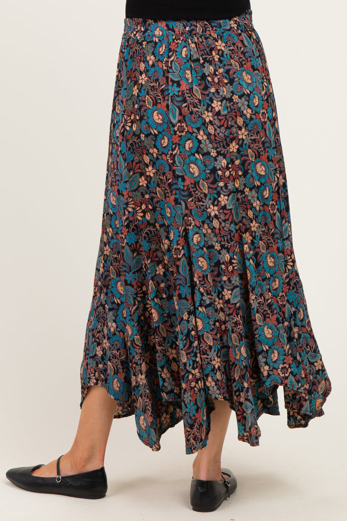 maternity wear floral print maxi skirt with a high-low hem and elastic waistband, model viewed from the back
