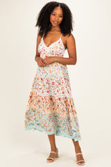 Multicolor Floral Colorblock Tiered Lace Trim Maternity Midi Dress