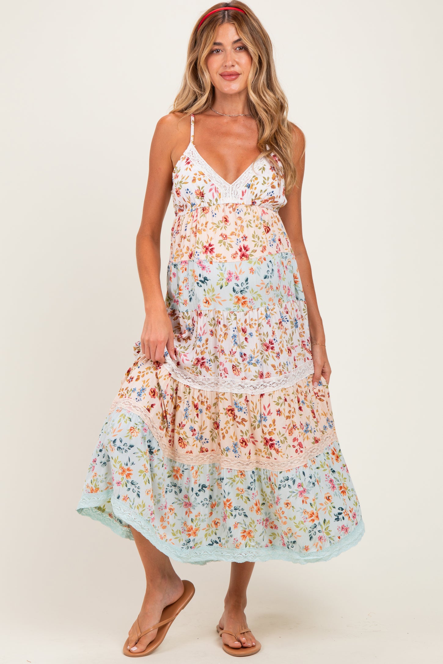 Multicolor Floral Colorblock Tiered Lace Trim Maternity Midi Dress