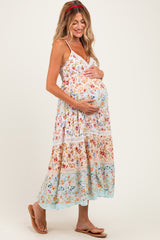 Multicolor Floral Colorblock Tiered Lace Trim Maternity Midi Dress