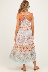 Multicolor Floral Colorblock Tiered Lace Trim Maternity Midi Dress
