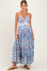 Blue Printed V-Neck Lace Tim Maternity Maxi Dress