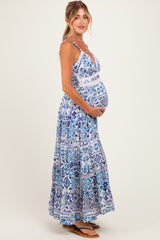 Blue Printed V-Neck Lace Tim Maternity Maxi Dress