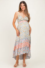 Multicolor Floral Colorblock Ruffle Tiered Maternity Midi Dress