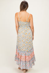 Multicolor Floral Colorblock Ruffle Tiered Maternity Midi Dress