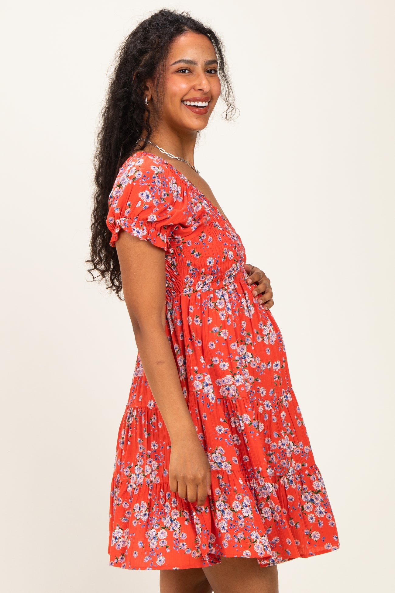 Red Floral Puff Sleeve Smocked Maternity Mini Dress