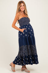 Navy Colorblock Floral Strapless Maternity Maxi Dress