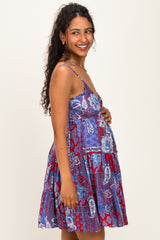 Blue Floral Paisley Patchwork Print Maternity Mini