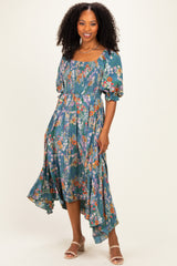 Teal Floral Smocked Handkerchief Hem Maternity Midi Dress