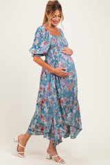 Teal Floral Smocked Handkerchief Hem Maternity Midi Dress