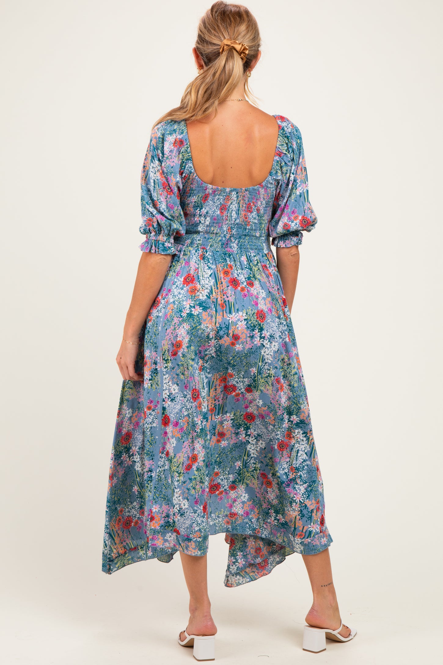 Teal Floral Smocked Handkerchief Hem Maternity Midi Dress