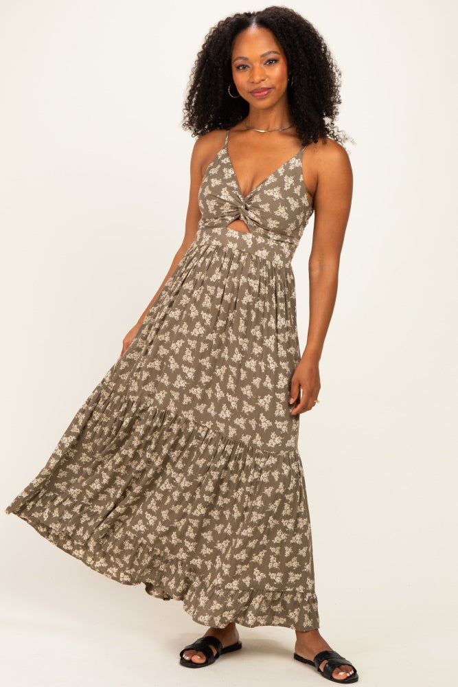 Olive Floral Twist Front Keyhole Maternity Maxi Dress