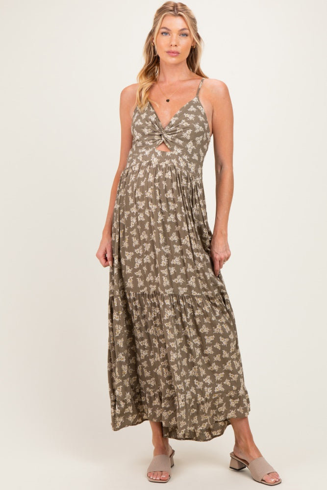Olive Floral Twist Front Keyhole Maternity Maxi Dress