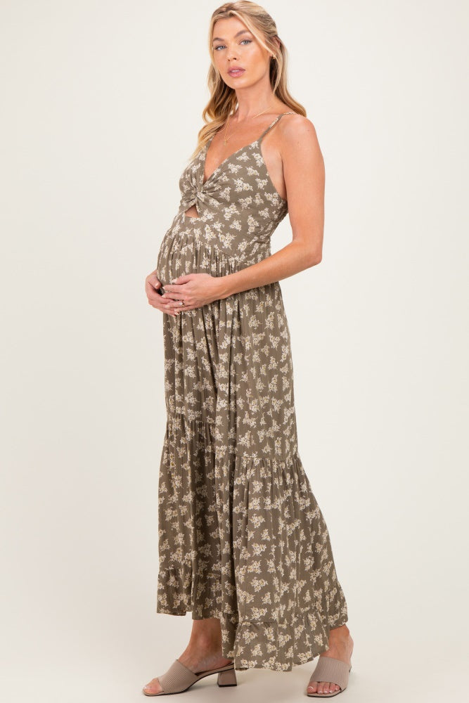 Olive Floral Twist Front Keyhole Maternity Maxi Dress