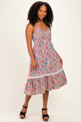 Ivory Floral Lace Up Cutout Maternity Midi Dress