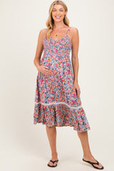 Ivory Floral Lace Up Cutout Maternity Midi Dress