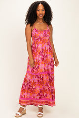 Fuchsia Floral Lace Trim Maternity Maxi Dress