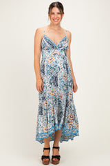 Blue Floral V-Neck Maternity Midi Dress