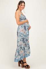 Blue Floral V-Neck Maternity Midi Dress