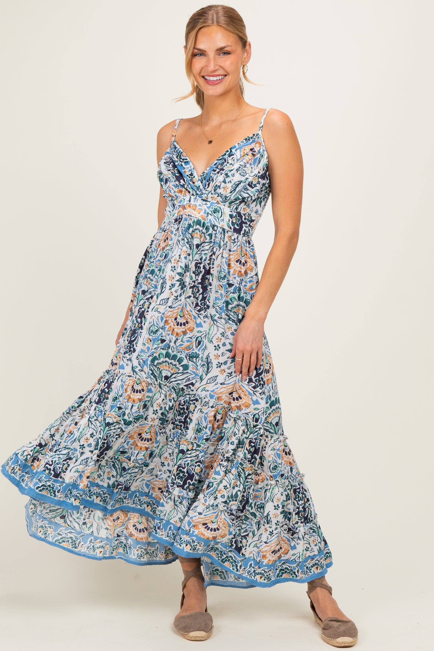 Blue Floral V-Neck Midi Dress