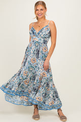 Blue Floral V-Neck Midi Dress