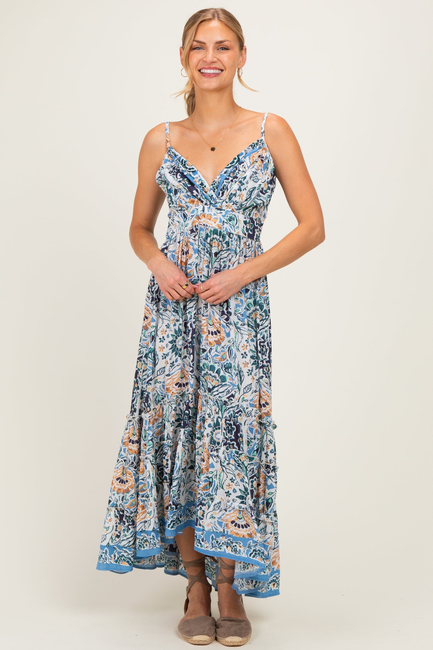 Blue Floral V-Neck Midi Dress