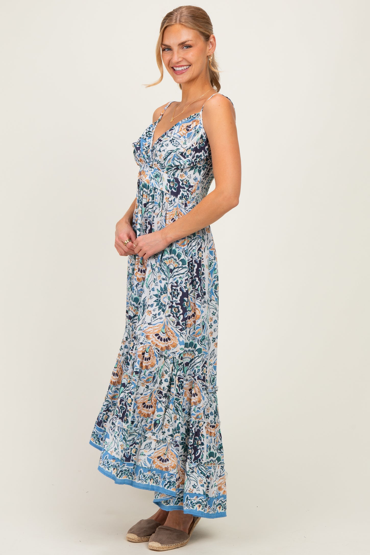 Blue Floral V-Neck Midi Dress