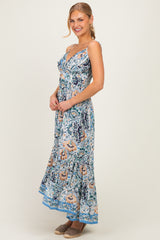 Blue Floral V-Neck Midi Dress