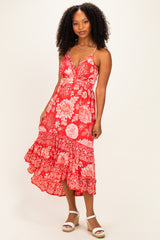 Strawberry Floral V-Neck Tiered Hem Maternity Midi Dress