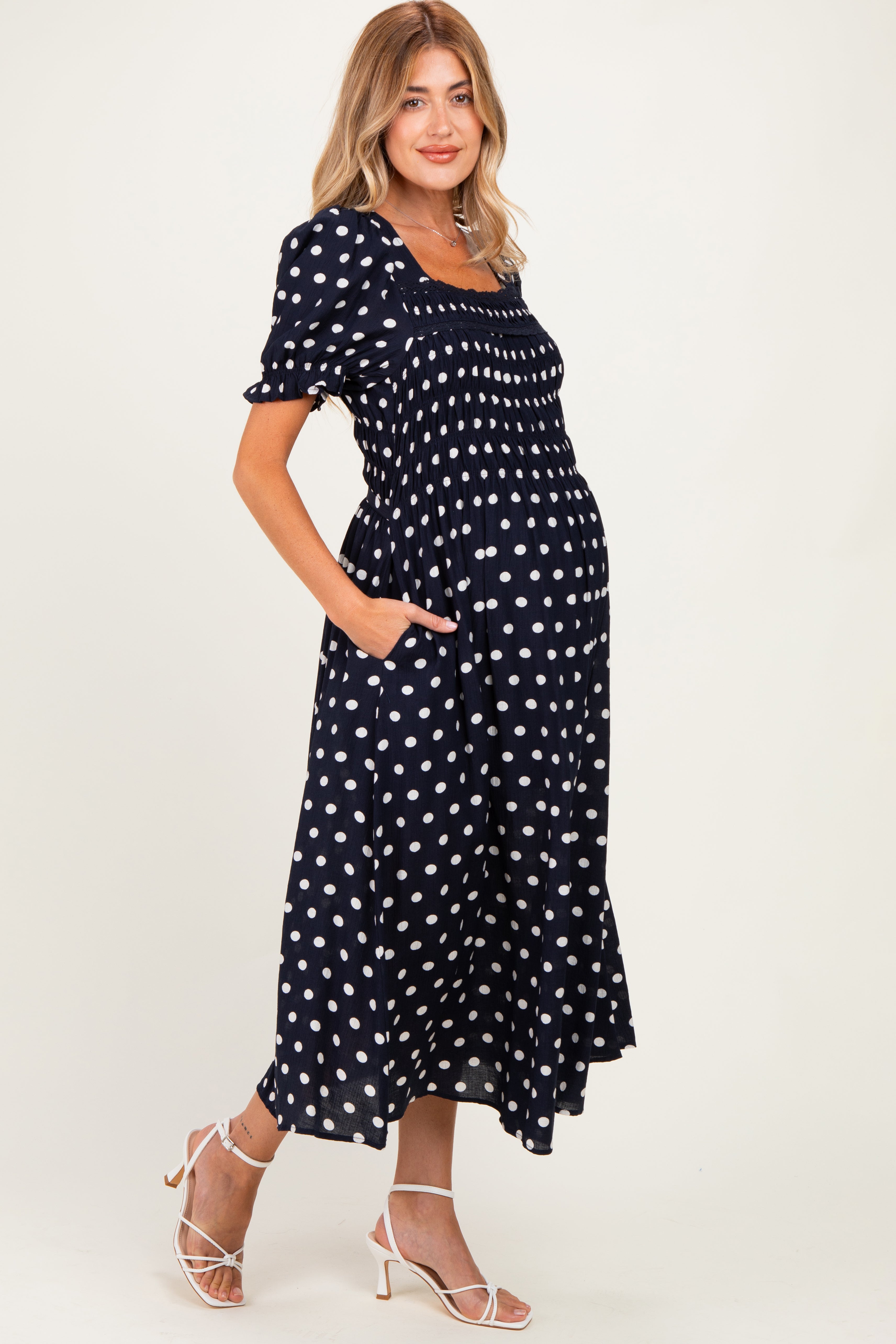 Navy Polka Dot Smocked Maternity Midi Dress – PinkBlush