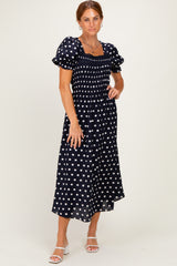 Navy Polka Dot Smocked Maternity Midi Dress