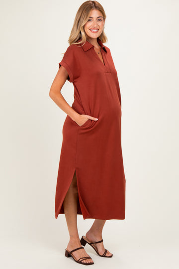 Clay Collared Short Sleeve Maternity Midi Dress