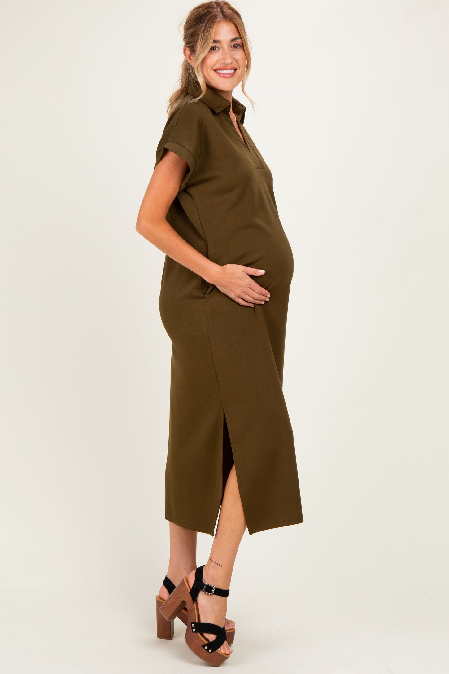Olive Collared Short Sleeve Maternity Midi Dress