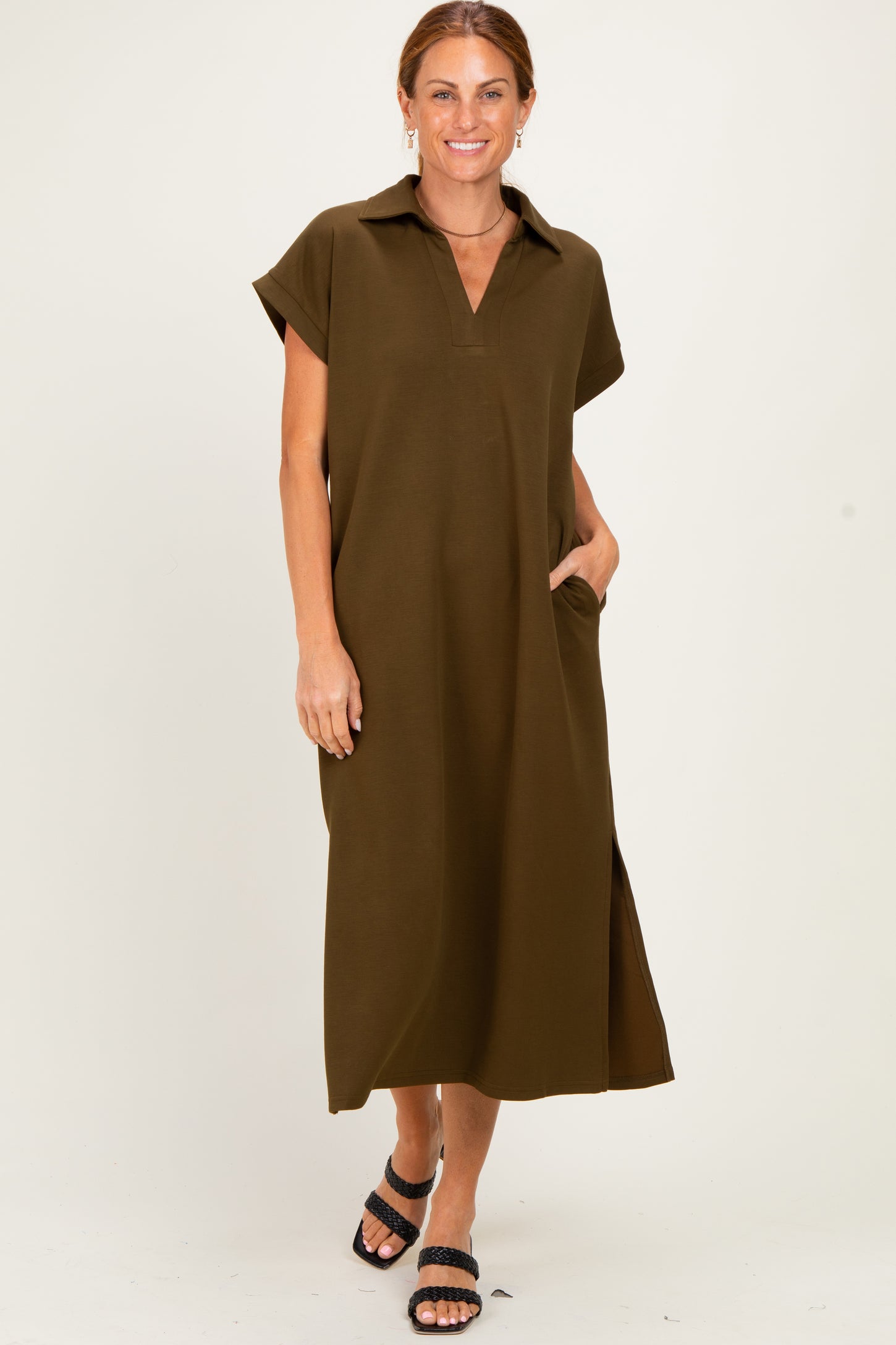 Olive Collared Short Sleeve Maternity Midi Dress