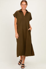 Olive Collared Short Sleeve Maternity Midi Dress
