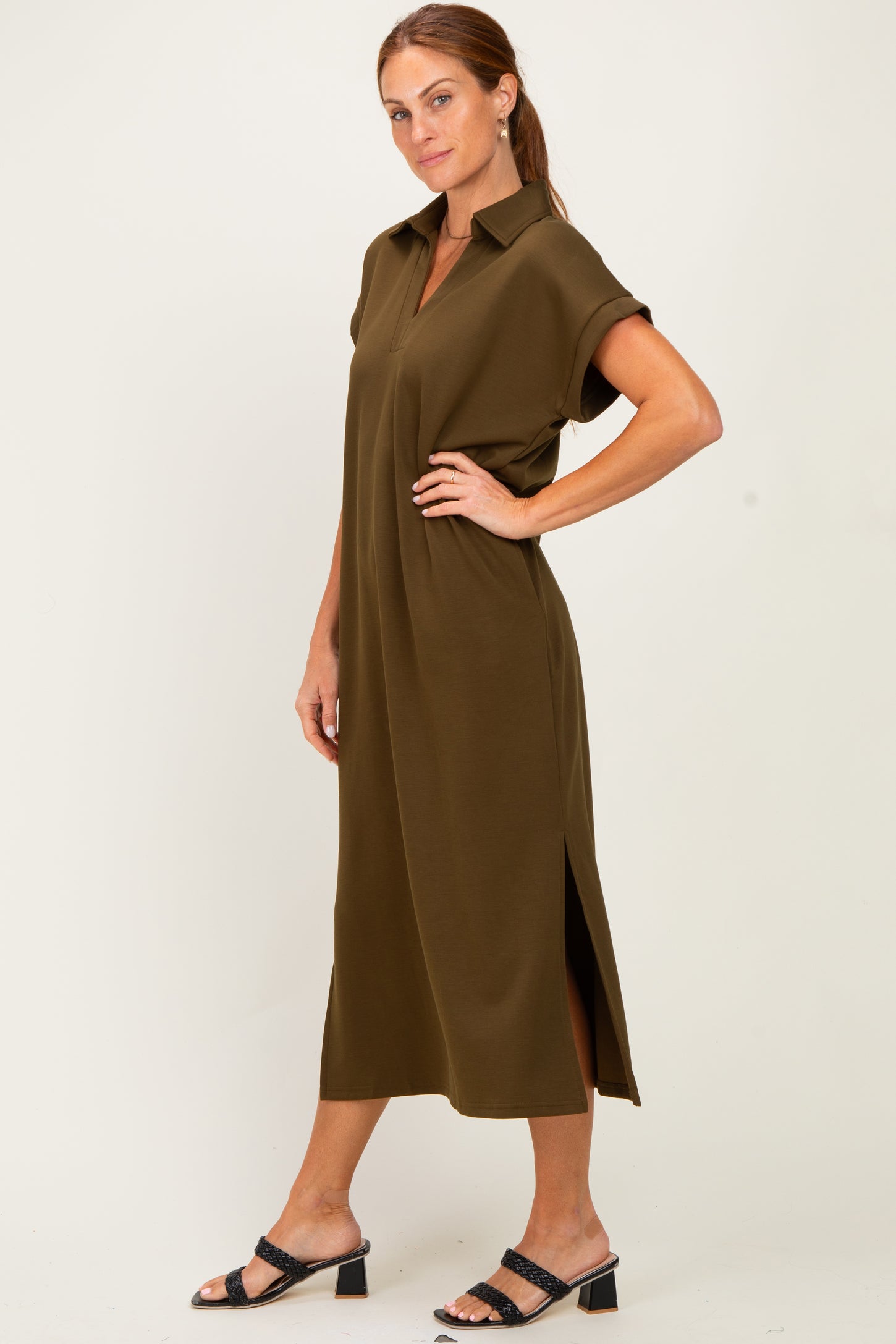 Olive Collared Short Sleeve Midi Dress
