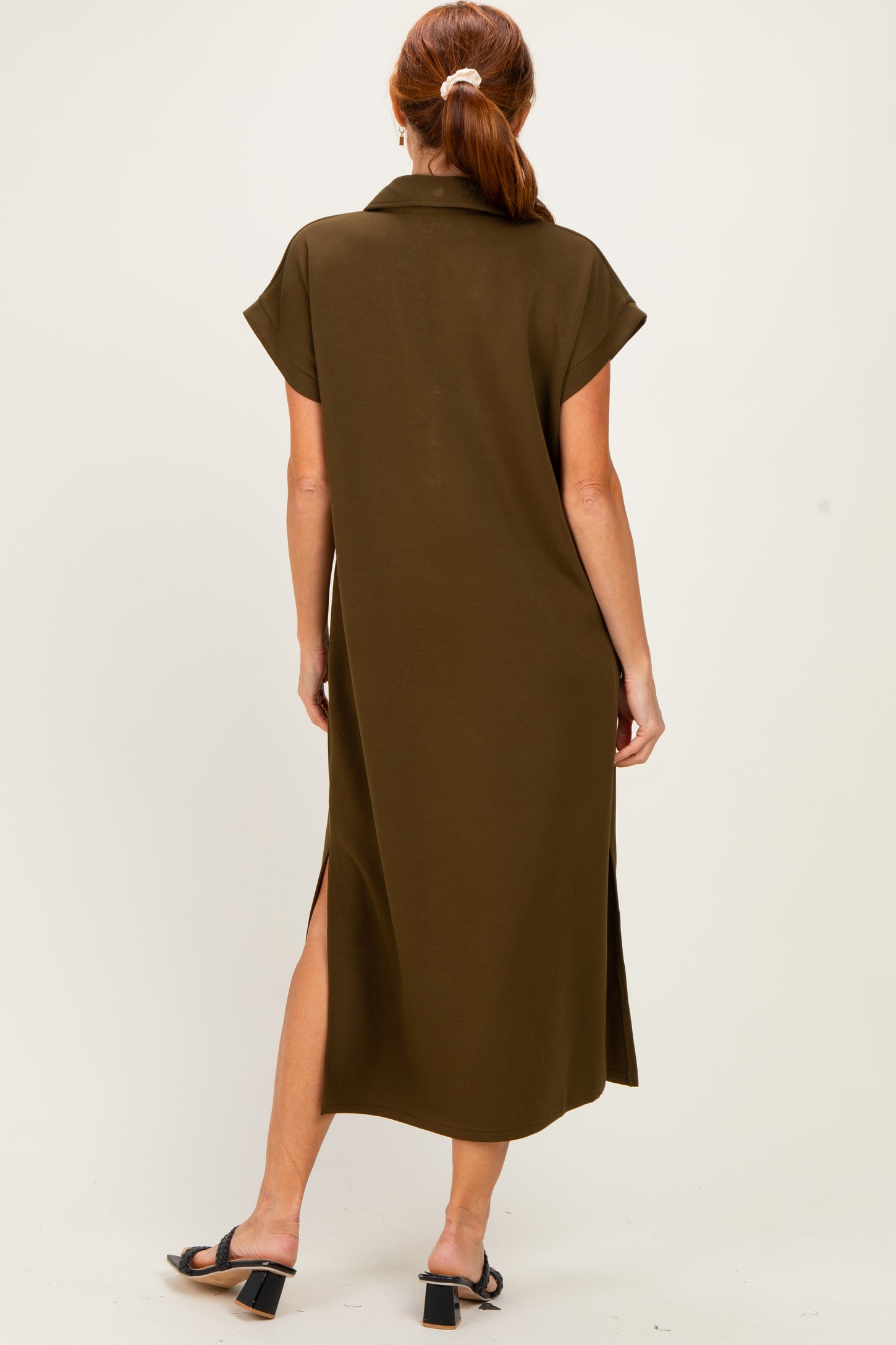 Olive Collared Short Sleeve Midi Dress