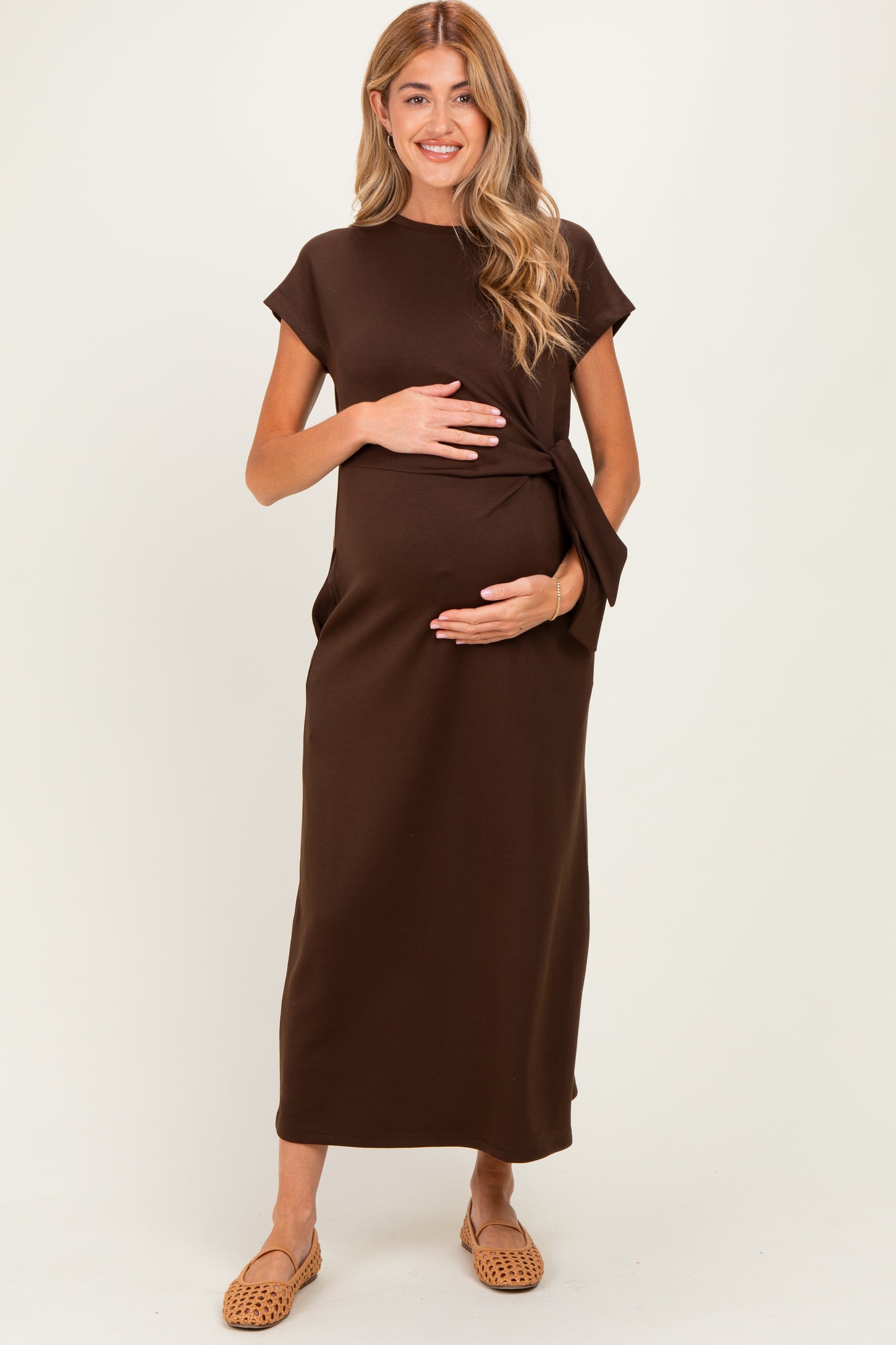 pregnancy midi dress The James / Made in Britain / Brown Side Tie Short Sleeve