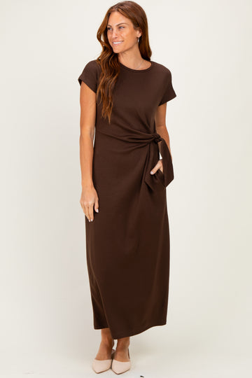 Brown Side Tie Short Sleeve Midi Dress