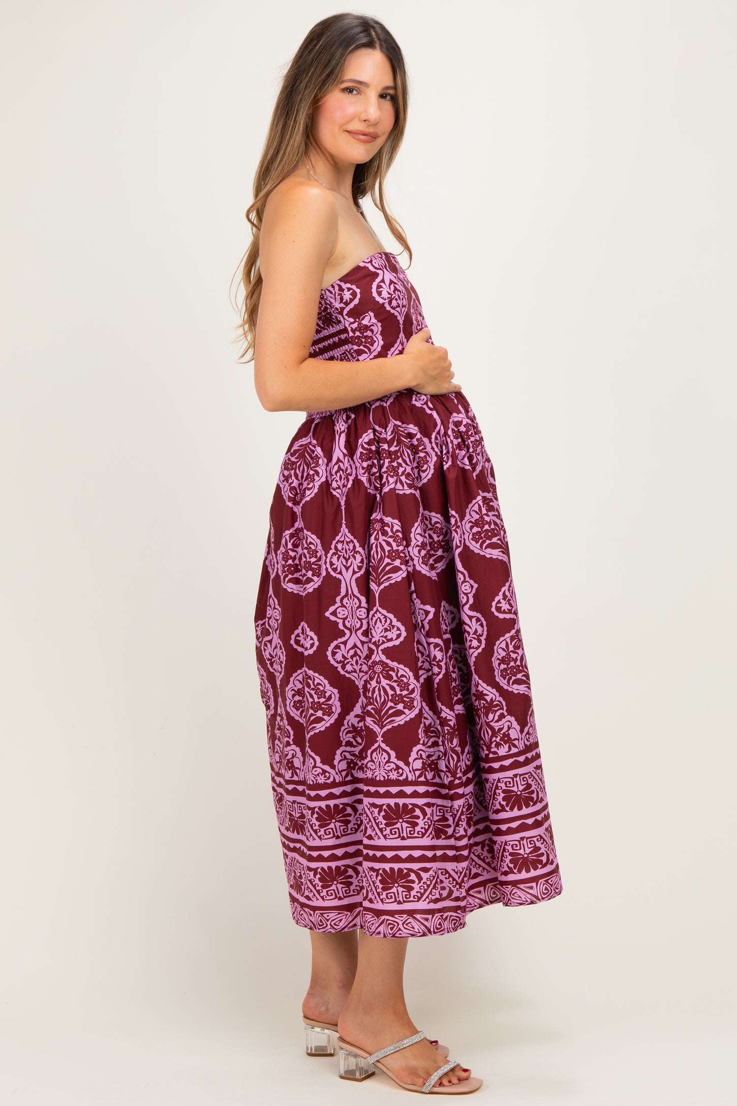 Burgundy Damask Strapless Maternity Midi Dress