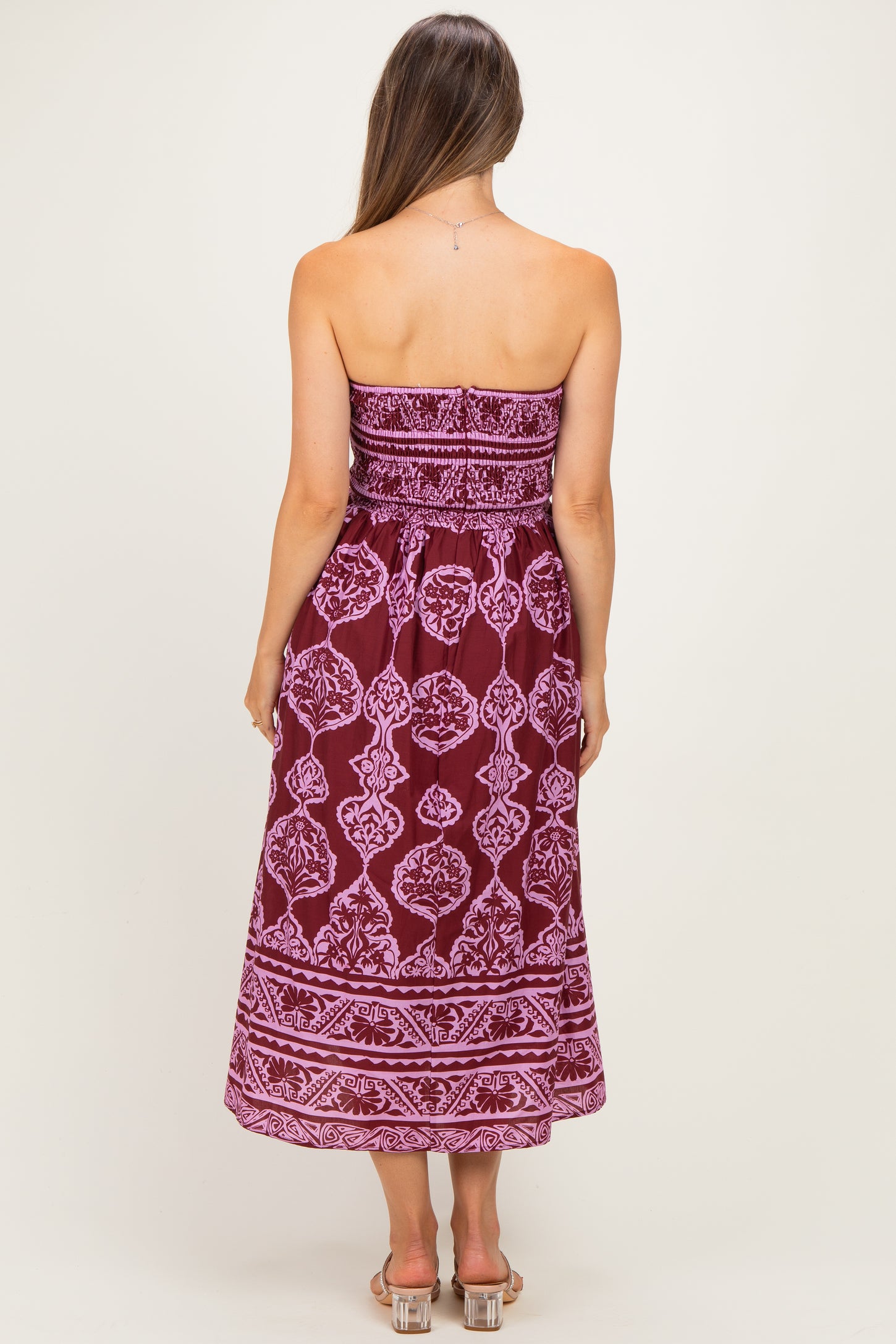 Burgundy Damask Strapless Maternity Midi Dress