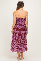Burgundy Damask Strapless Maternity Midi Dress