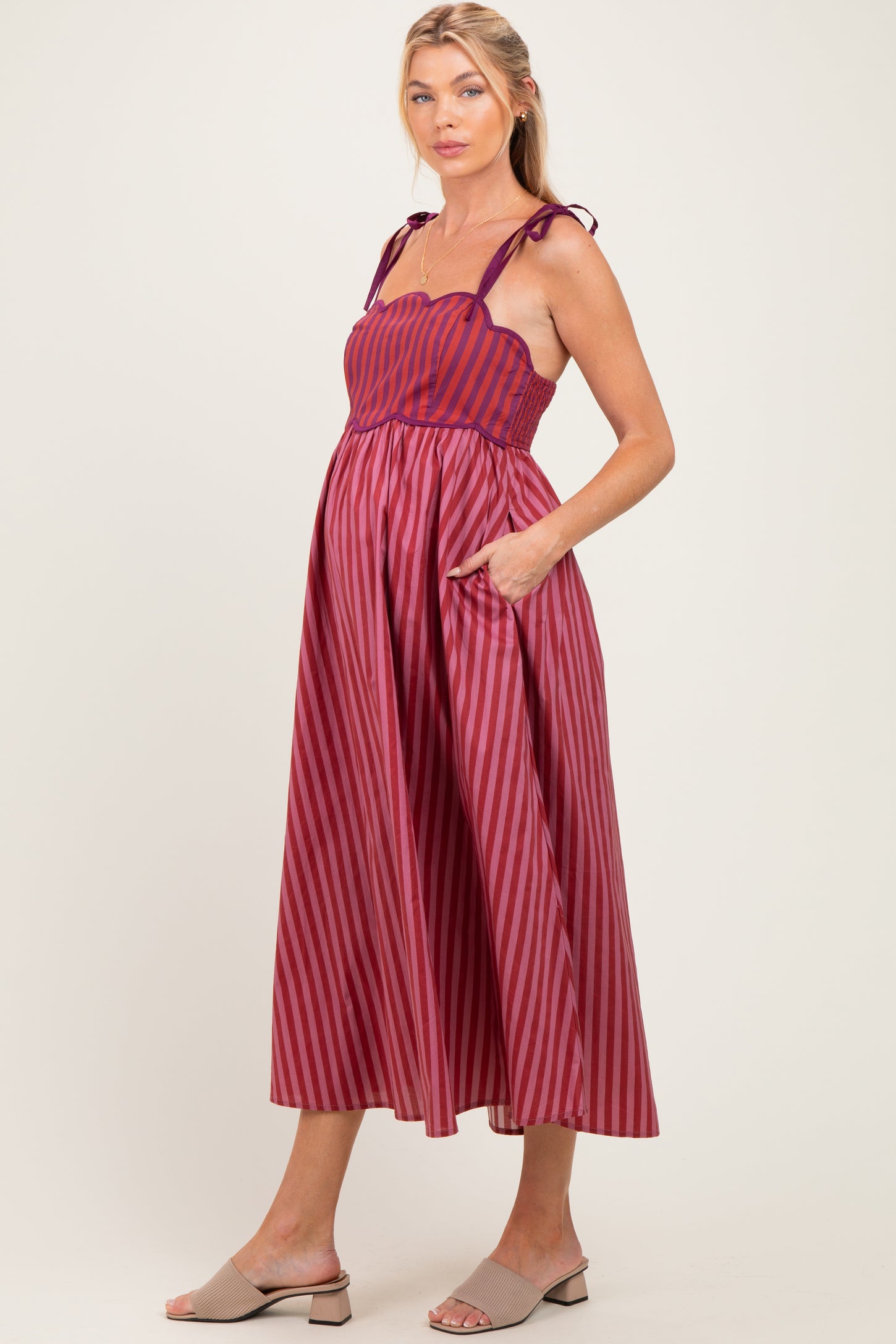 Mauve Striped Colorblock Scallop Detail Maternity Midi Dress